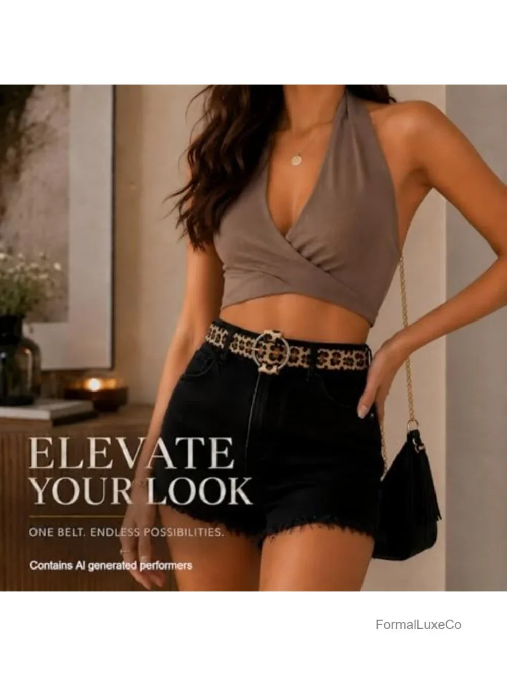 Women's Leopard Print Faux Leather Belt, No-Hole Adjustable O-Ring